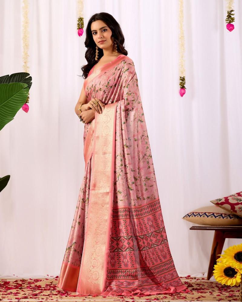 Soft Lichi Silk Floral Print Saree with Zari Border and Blouse