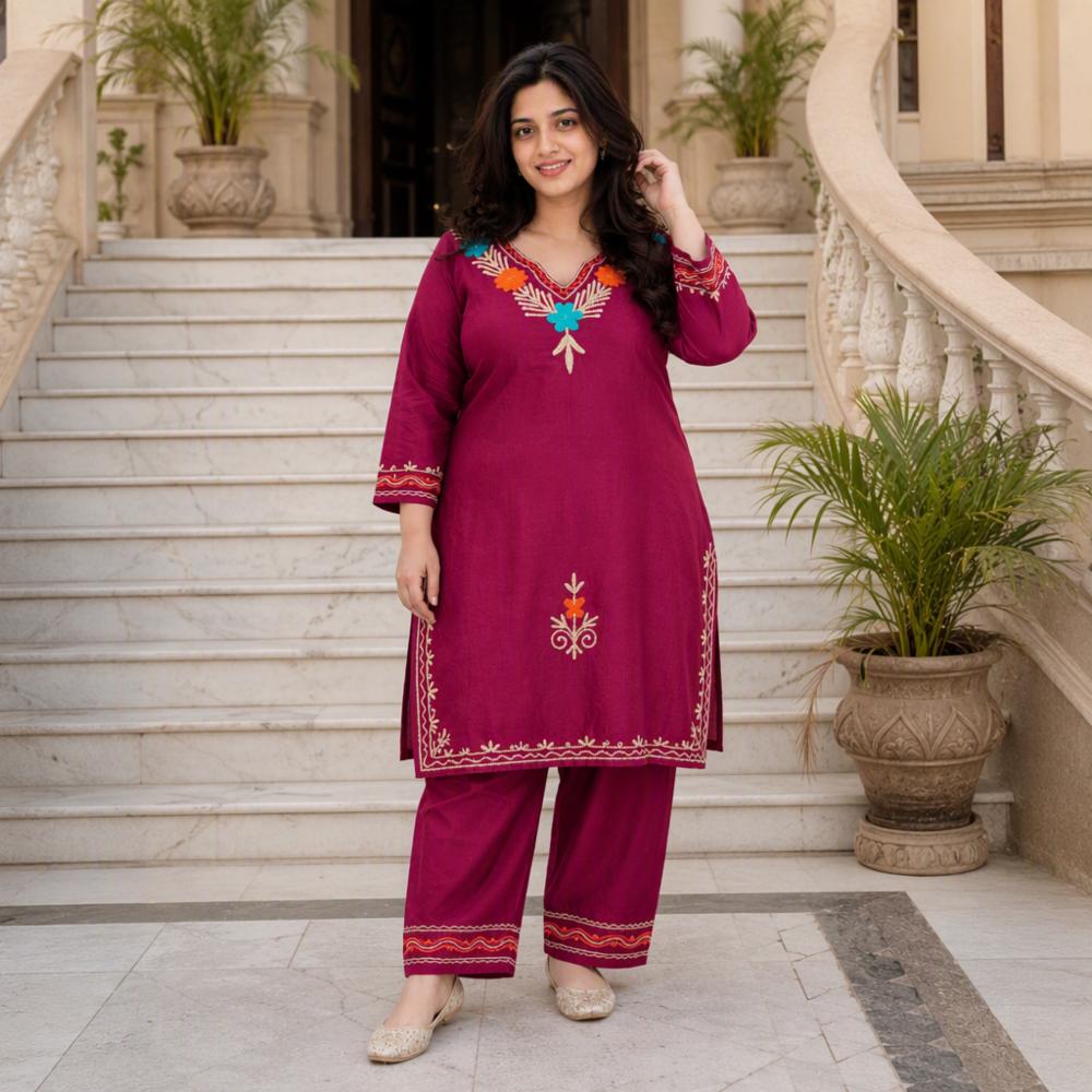 Plus Size Kashmiri Farsi Suit Set for Women with Multicolour Floral Embroidery