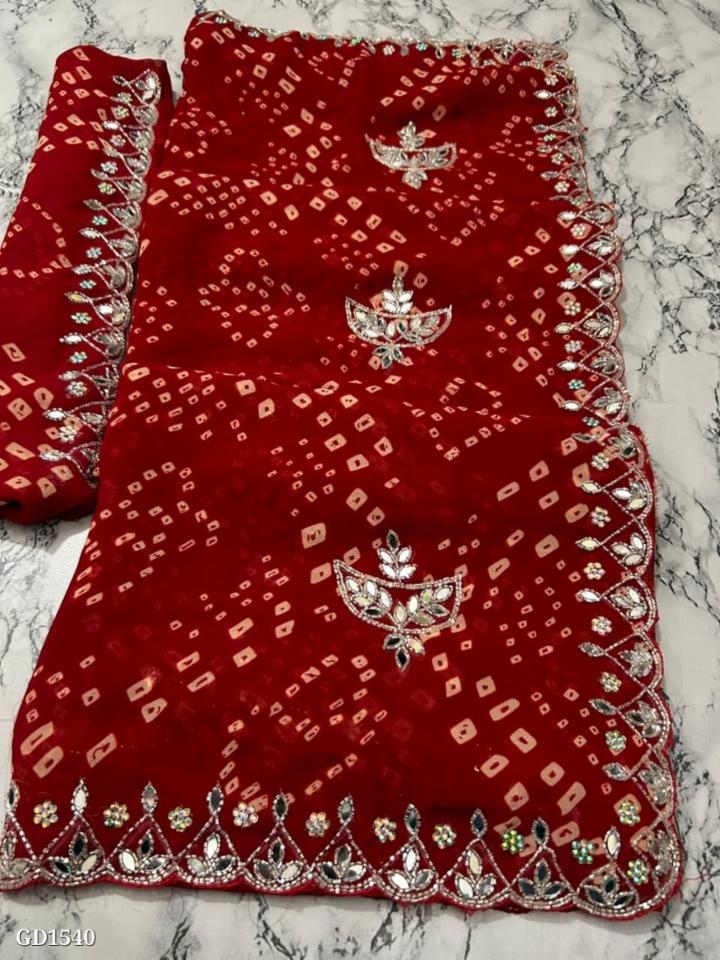 Synthetic Georgette Red Saree with Heavy Handwork Border and Blouse