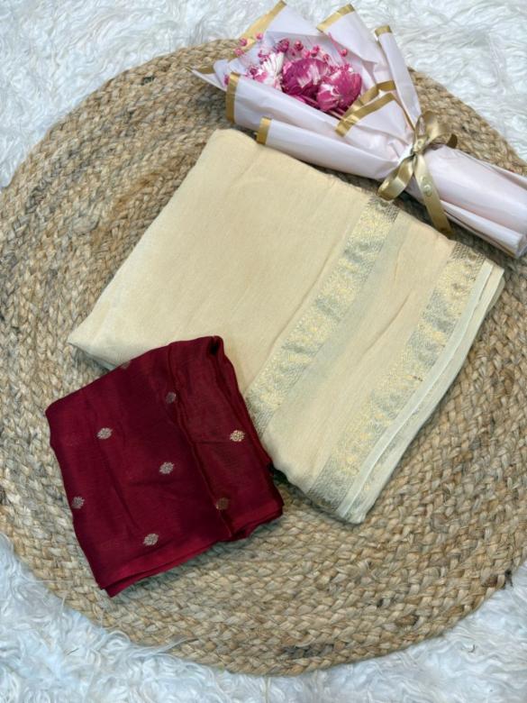Women's Pure Viscose Chinon Saree with Elegant Double Border and Matching Blouse Piece