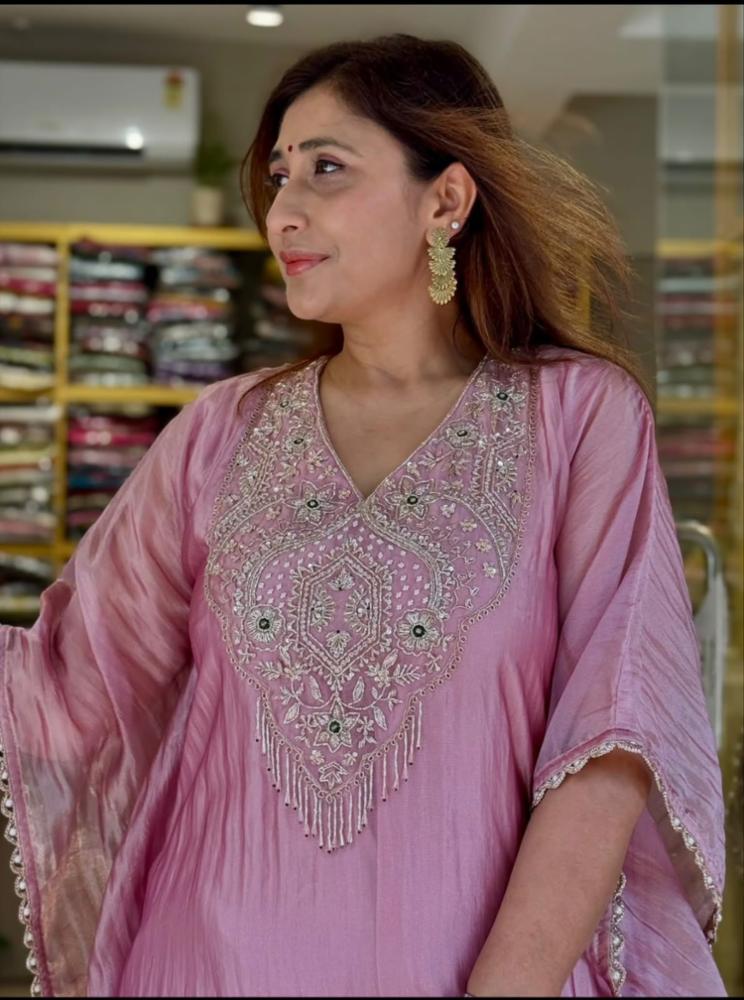 Pure Salsa Crush Silk Embroidered Kurta Set with Palazzo