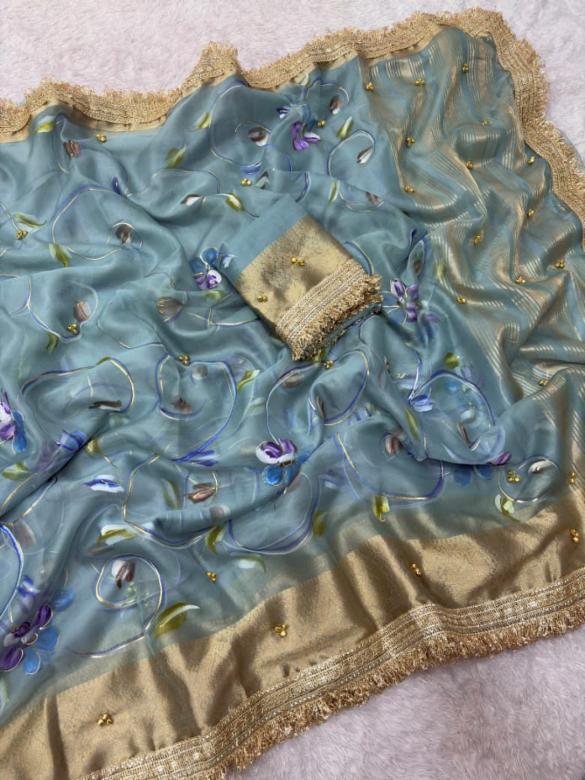 Premium Organza Silk Ghungroo Saree with Golden Banarasi Border & Embroidery Lace Work