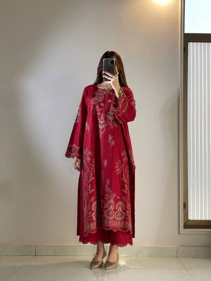 Mul Chanderi Embroidery Work Kurti Palazzo Dupatta Set