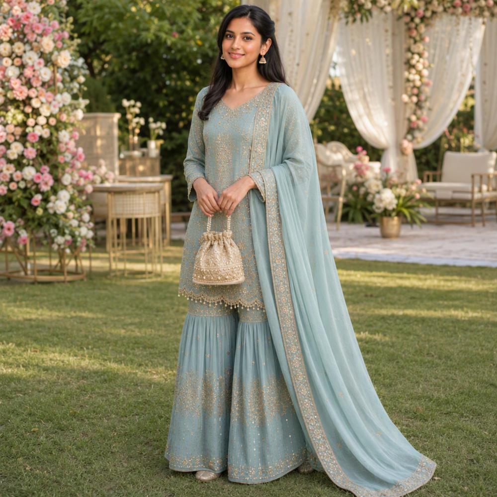 Georgette Sequence Embroidered Plazo Suit Set with Dupatta