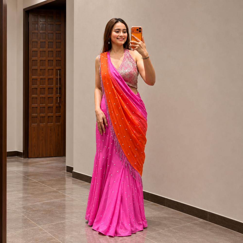 Lehenga Saree in Crape Silk with Digital Print and Banglory Silk Blouse