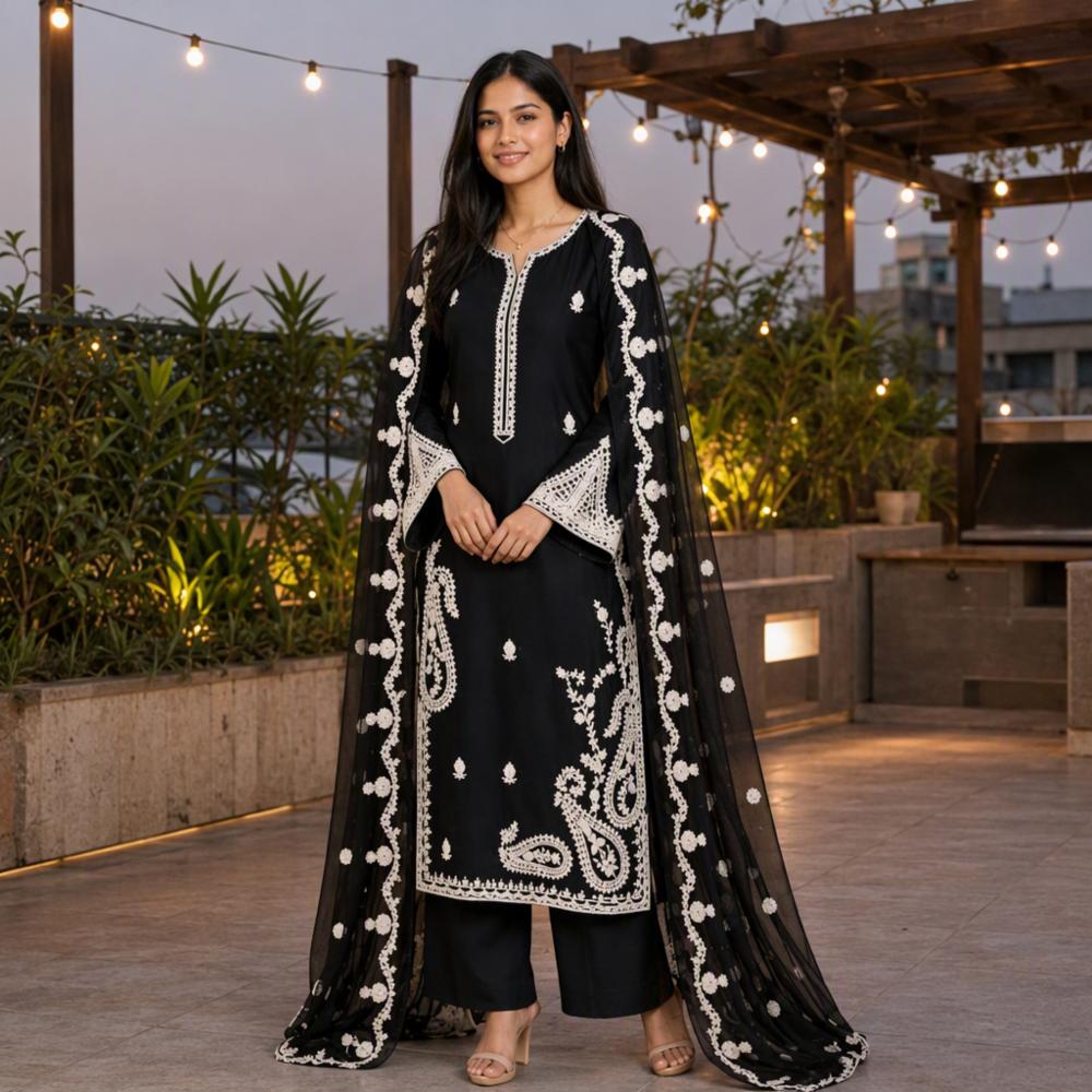 Pakistani Inspired Premium Rayon Satin Embroidered 3-Piece Suit Set