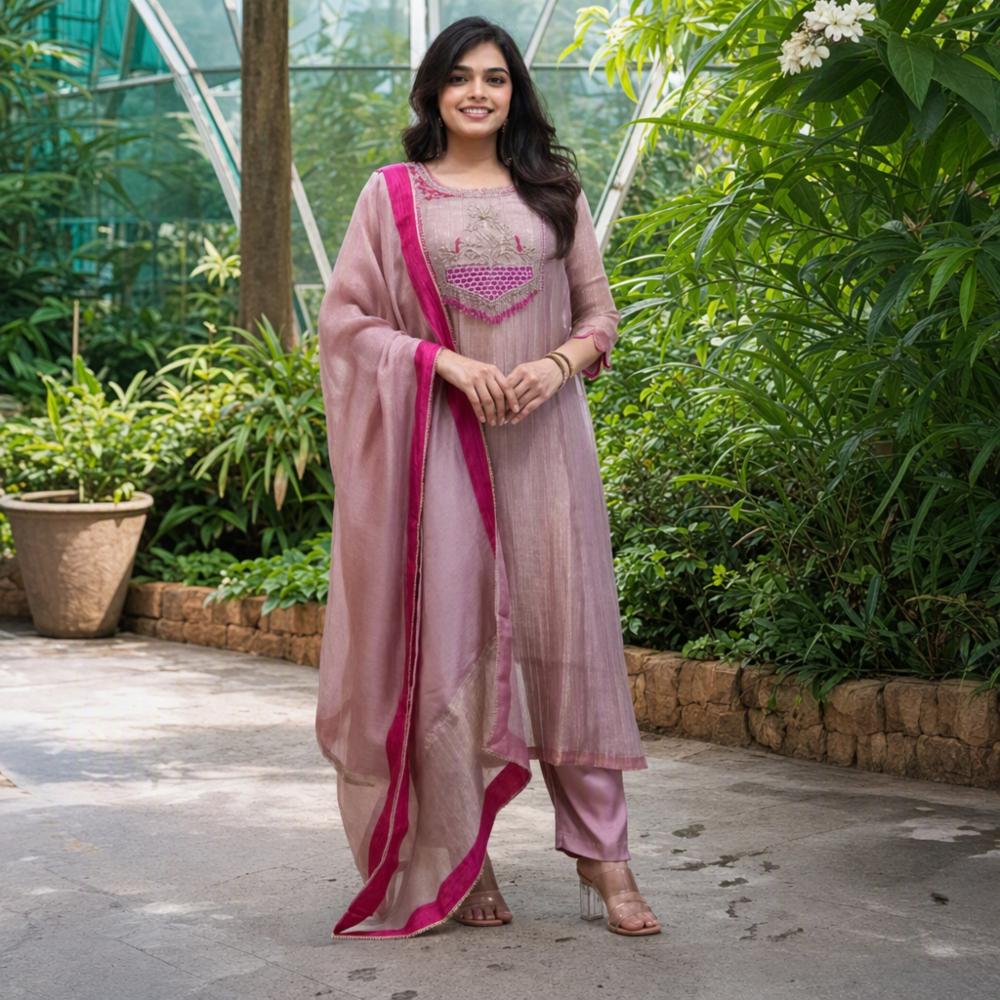 Women's Heavy Crunchy Silk Flared Kurti, Pant & Dupatta Set 