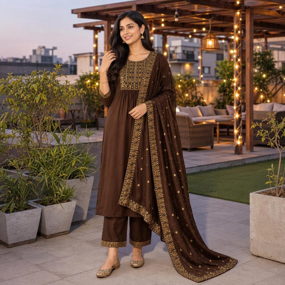 Women's Bamboo Slub Kurta Set with Gold Embroidery and Printed Dupatta