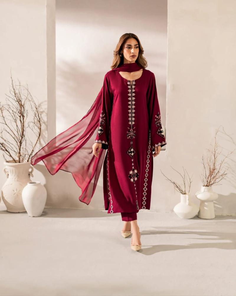 Chanderi Silk Suit with Embroidered Work and Chinon Dupatta