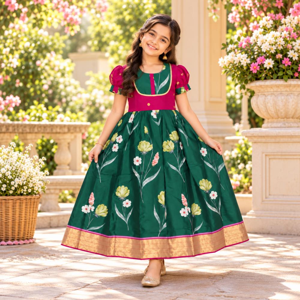 Siya Kids Silk Gown with Digital Print and Zari Border for Girls