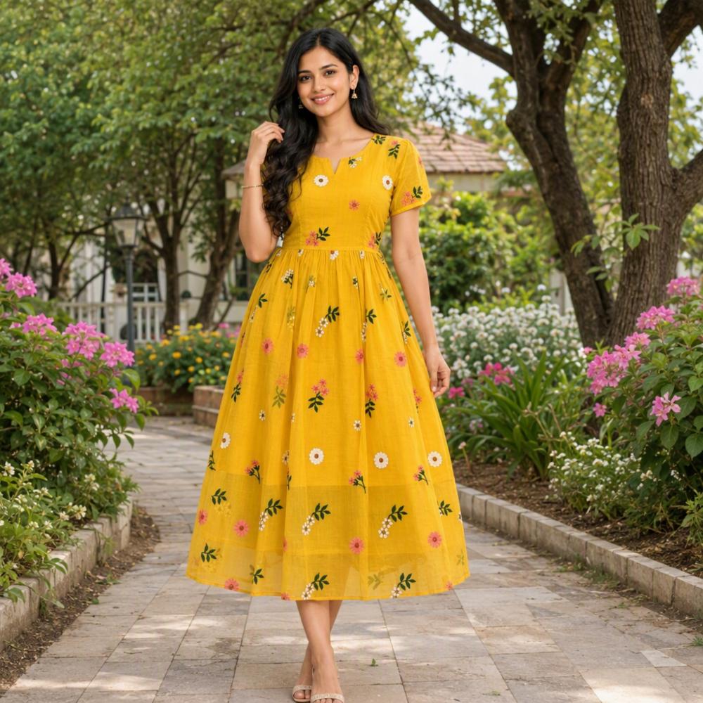 Chanderi Cotton Floral Embroidered Maxi Gown for Women