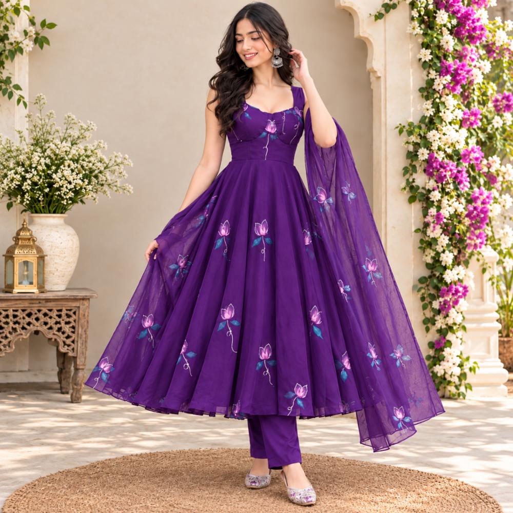 Corset Pattern Anarkali Gown Set with Zari and Handpaint Work