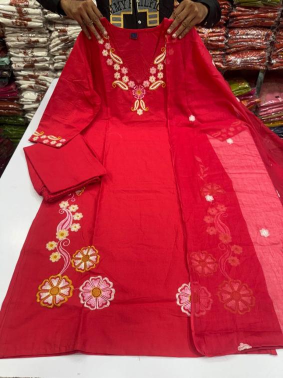 Womenâs Premium Cotton Embroidered Kurta Pant & Dupatta Set