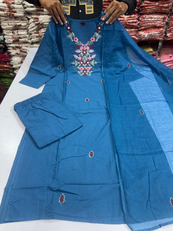 Womenâs Premium Cotton Embroidered Kurta Pant & Dupatta Set