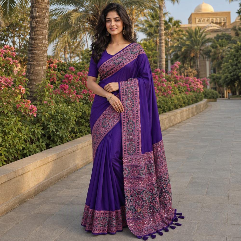 Arjakh Satin Viscose Silk Saree with Mirror Work and Designer Blouse
