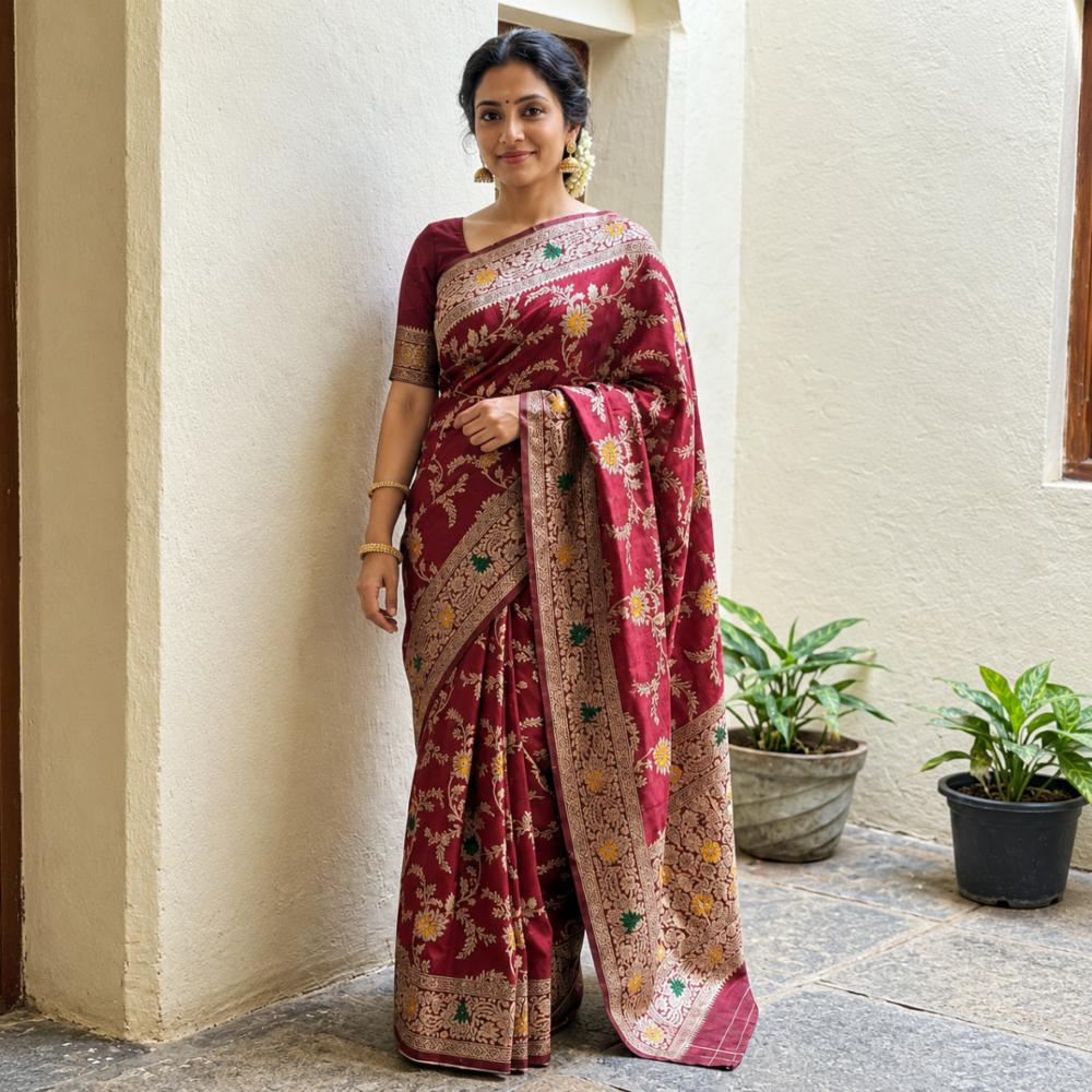 Premium Maroon Banarasi Silk Saree with Golden Zari Floral Jaal & Heavy Border