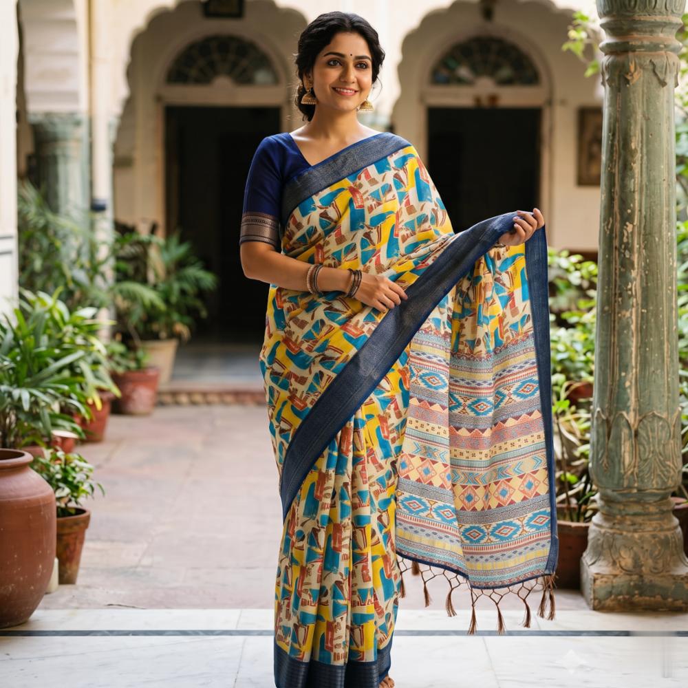 Premium Doriya Cotton Printed Saree with Geometric Design & Blue Border
