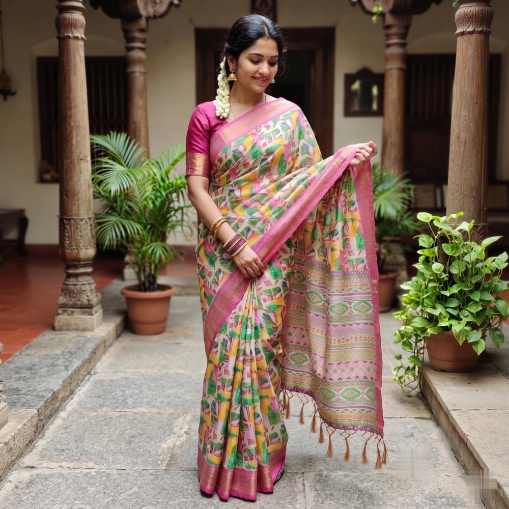 Women's Doriya Cotton Saree with Multicolour Geometric Print and Pink Border