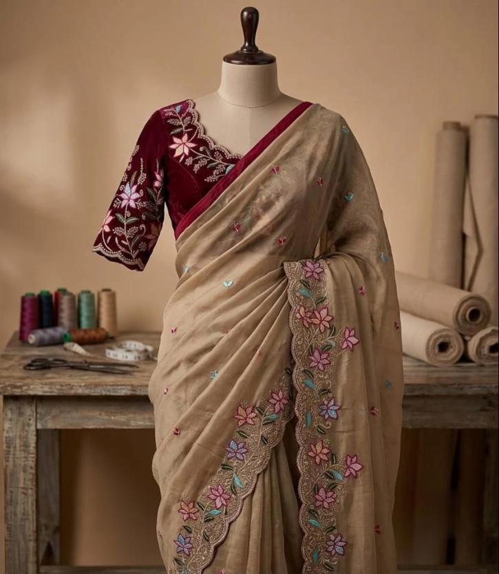 Star Georgette Silk Saree with Heavy Floral Work & Contrast Designer Blouse