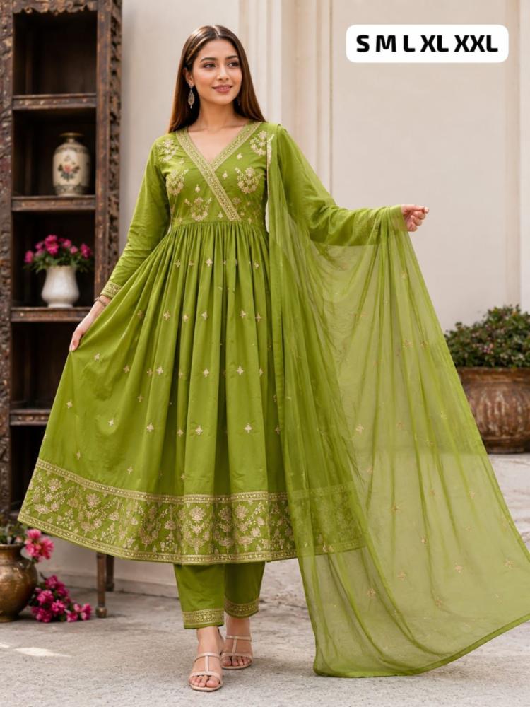 Pure Cotton Anarkali Kurta Pant Dupatta Set with Golden Embroidery