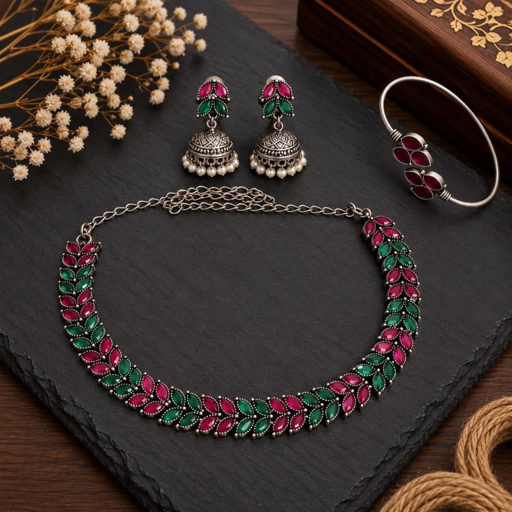 German Silver Necklace Set with Lightweight Jhumki & Adjustable Kada