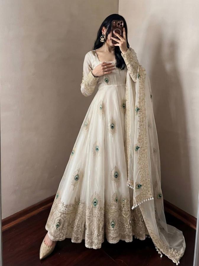 Fendy Satin Silk Embroidered Gown, Pant and Dupatta Set