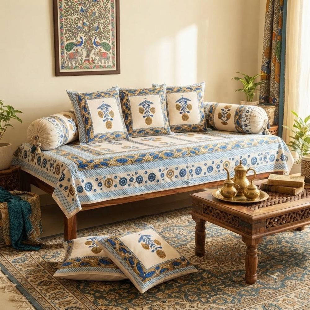 Mustard and Blue Floral Buta Printed Cotton Diwan Set (8 Pc)