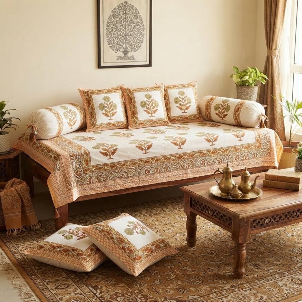 Terracotta and Mustard Floral Buta Printed Cotton Diwan Set (8 pc)