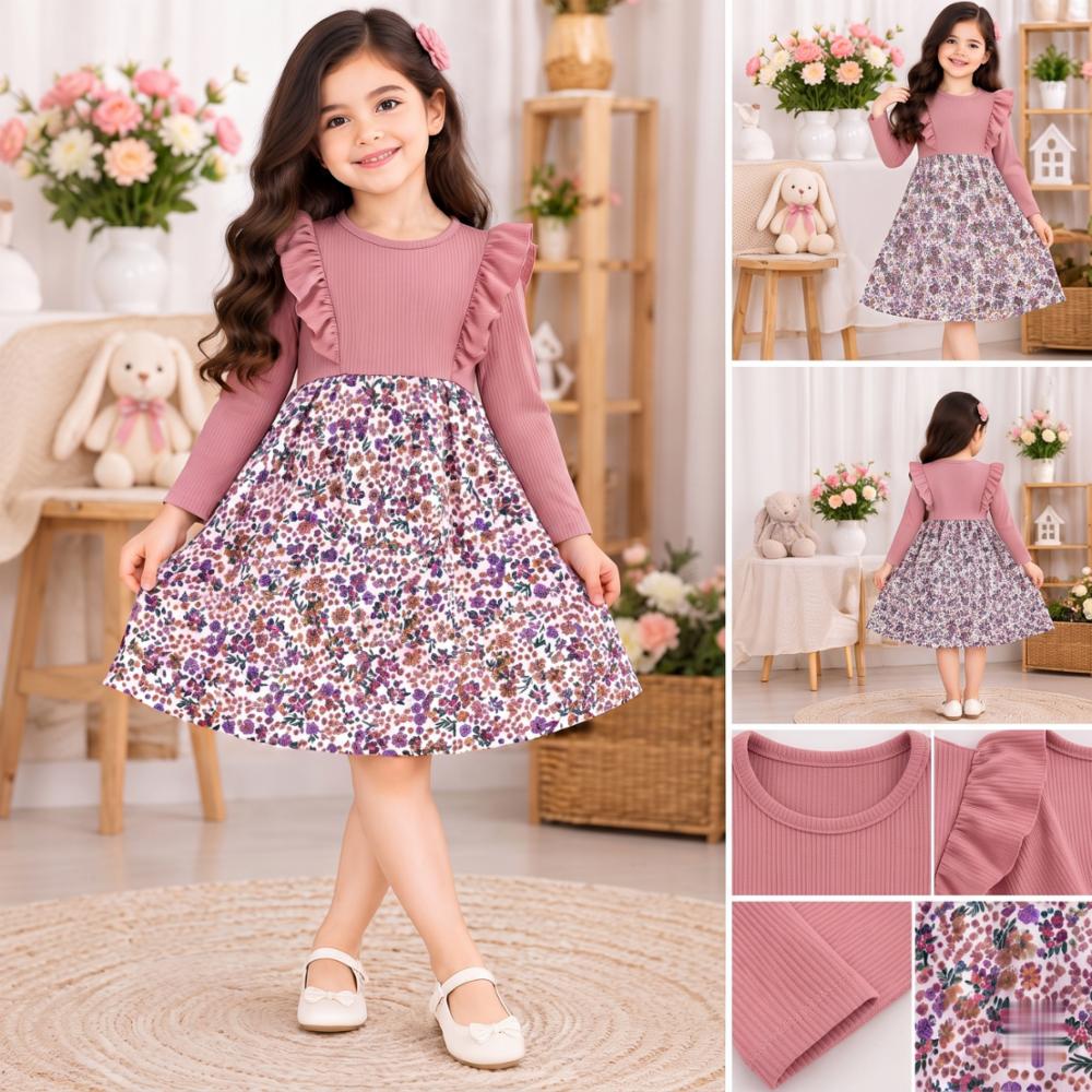 Girls Turkish Doria Cotton Frock - Full Sleeve Floral Printed Dress with Ruffle Shoulder Detail