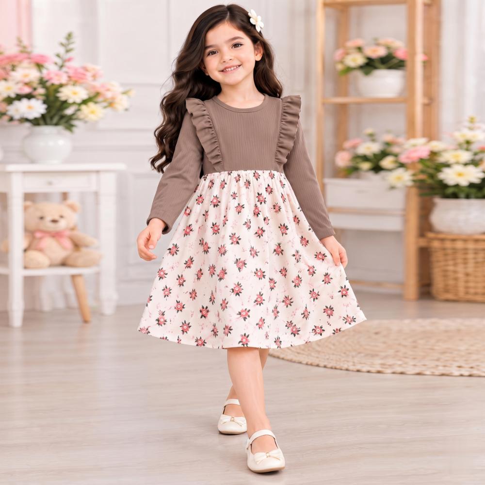 Girls' Turkish Doria Cotton Frock - Full Sleeve Floral Dress with Ruffle Shoulder Detail