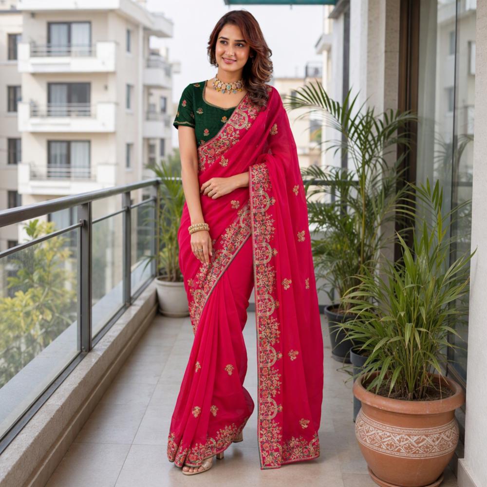 Womenâs Rani Pink Frendy Silk Saree with Banglori Silk Embroidered Blouse