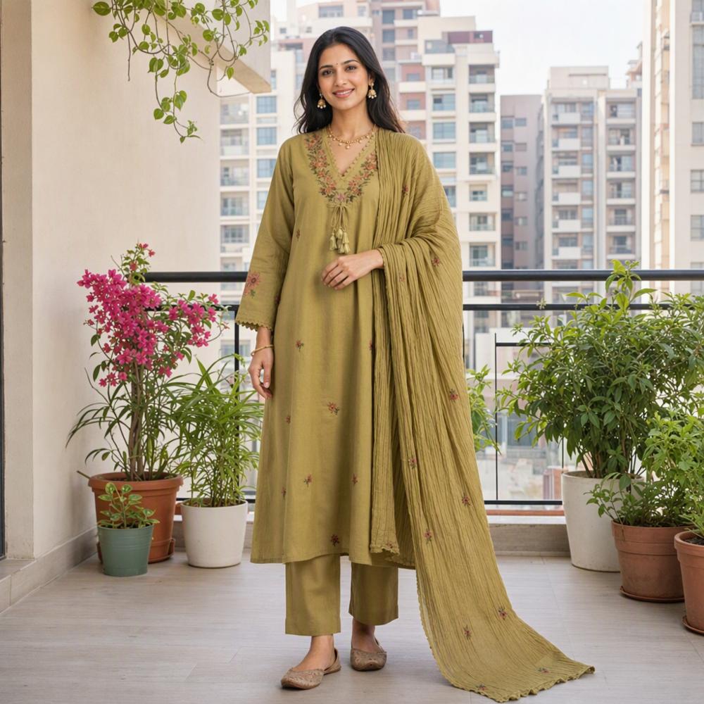 Cotton Embroidered Kurta Palazzo Set with Malmal Dupatta