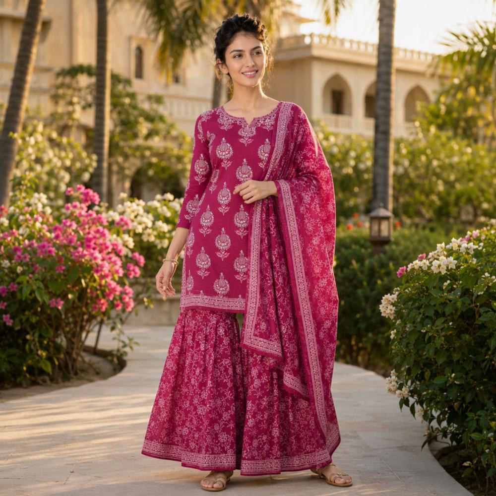 Womenâs Premium Cotton Kurta Skirt Set with Malmal Dupatta