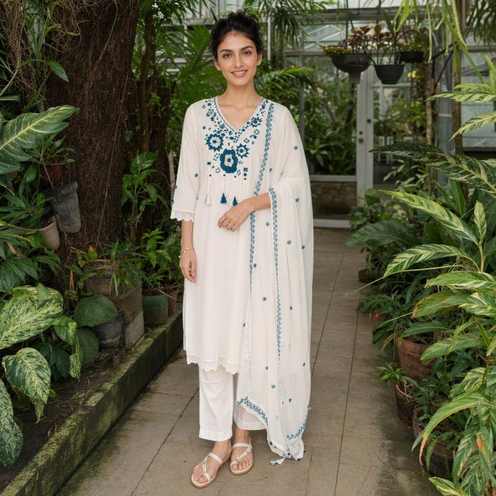 Womenâs Premium Cotton Embroidered Kurta Pant & Dupatta Set