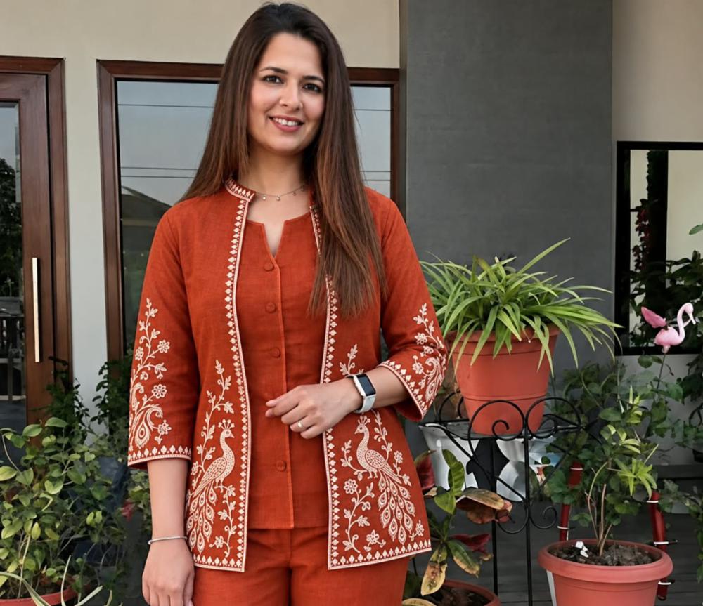 Cotton Flex Three-Piece Jacket Set with Embroidered Floral Top and Trousers
