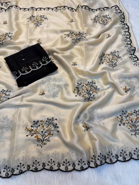 Star Georgette Saree with Multi Embroidery & Mirror Work Contrast Blouse