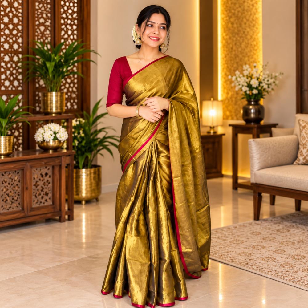 Shiny Golden Tissue Silk Saree 