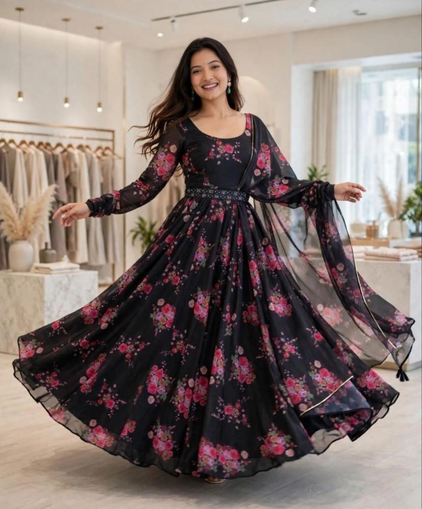 Women Black Floral Printed Georgette Anarkali Kurta Set with Dupatta & Belt
