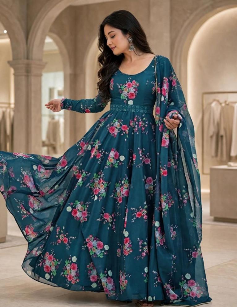 Women Blue Floral Printed Georgette Anarkali Kurta Set with Dupatta & Belt