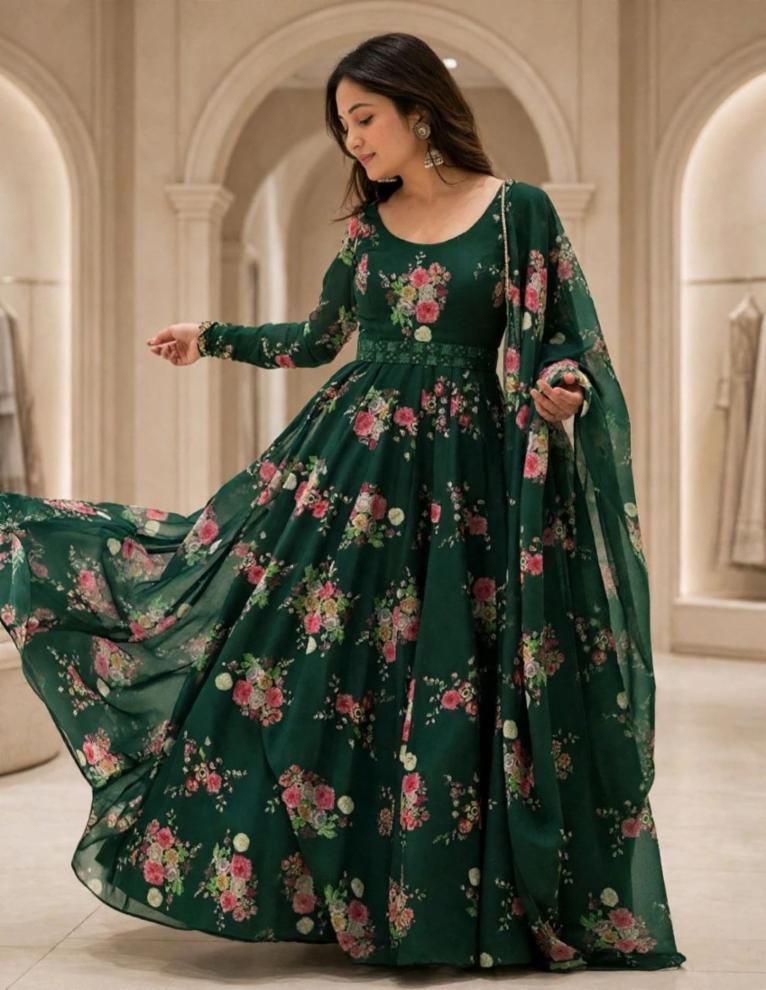 Women Green Floral Printed Georgette Anarkali Kurta Set with Dupatta & Belt