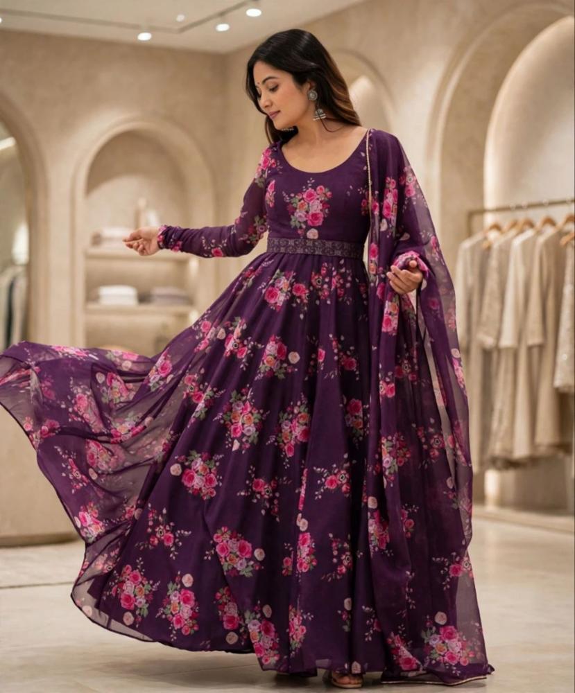 Women purpoal Floral Printed Georgette Anarkali Kurta Set with Dupatta & Belt