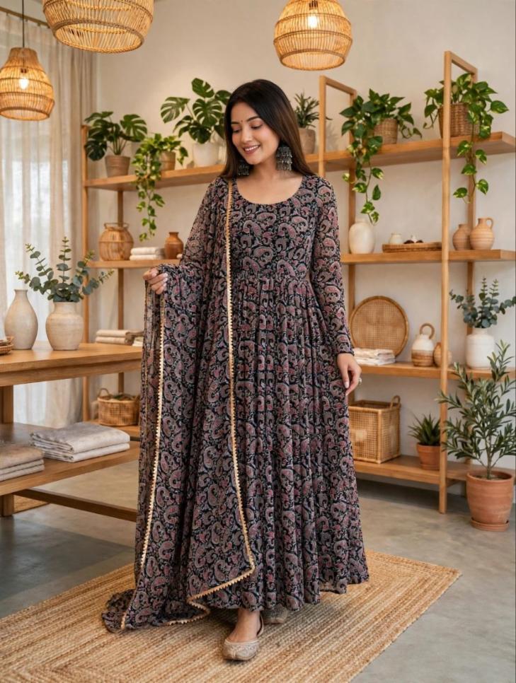 Women Black & Maroon Paisley Printed Georgette Anarkali Kurta Set with Dupatta