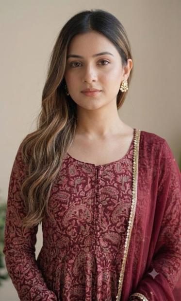 Women  Maroon Paisley Printed Georgette Anarkali Kurta Set with Dupatta