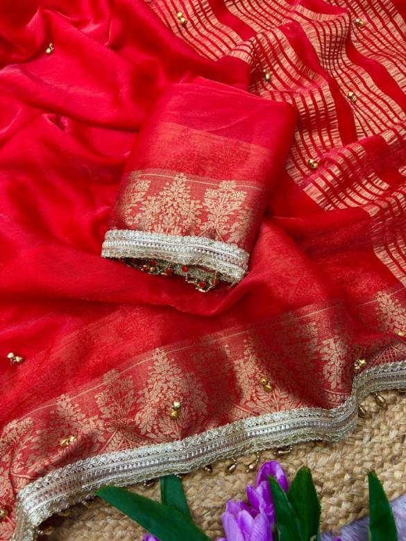 Women's Red Woven Banarasi Satin Chiffon Silk Saree with Golden Ghungroo Work and Elegant Lace Border
