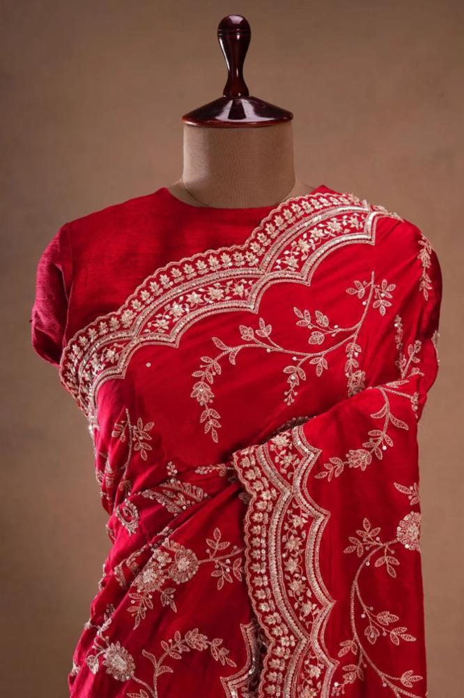 Red Designer Party Wear Vichitra Silk Saree with Heavy Embroidery & Cutwork Border