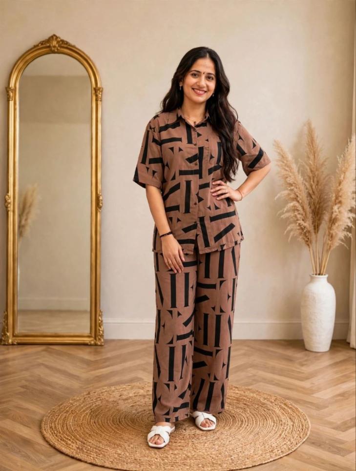 Women Brown Typography Printed Rayon Shirt & Straight Pants Co-Ord Set