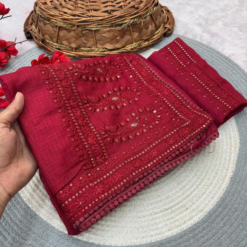 Kota Doria Silk C-Pallu Embroidery Party Wear Saree with Unstitched Blouse