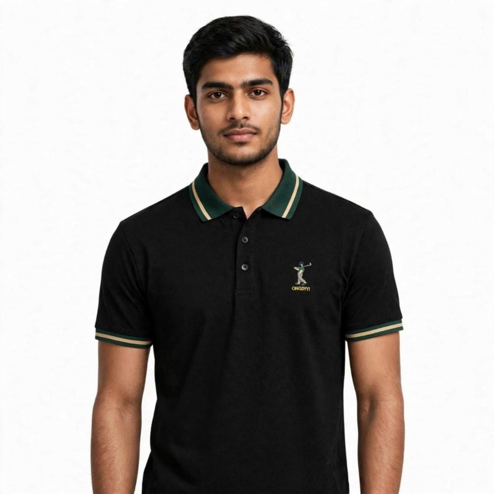 Men Black Slim Fit Tipped Collar Polo T-Shirt with Chest Embroidery
