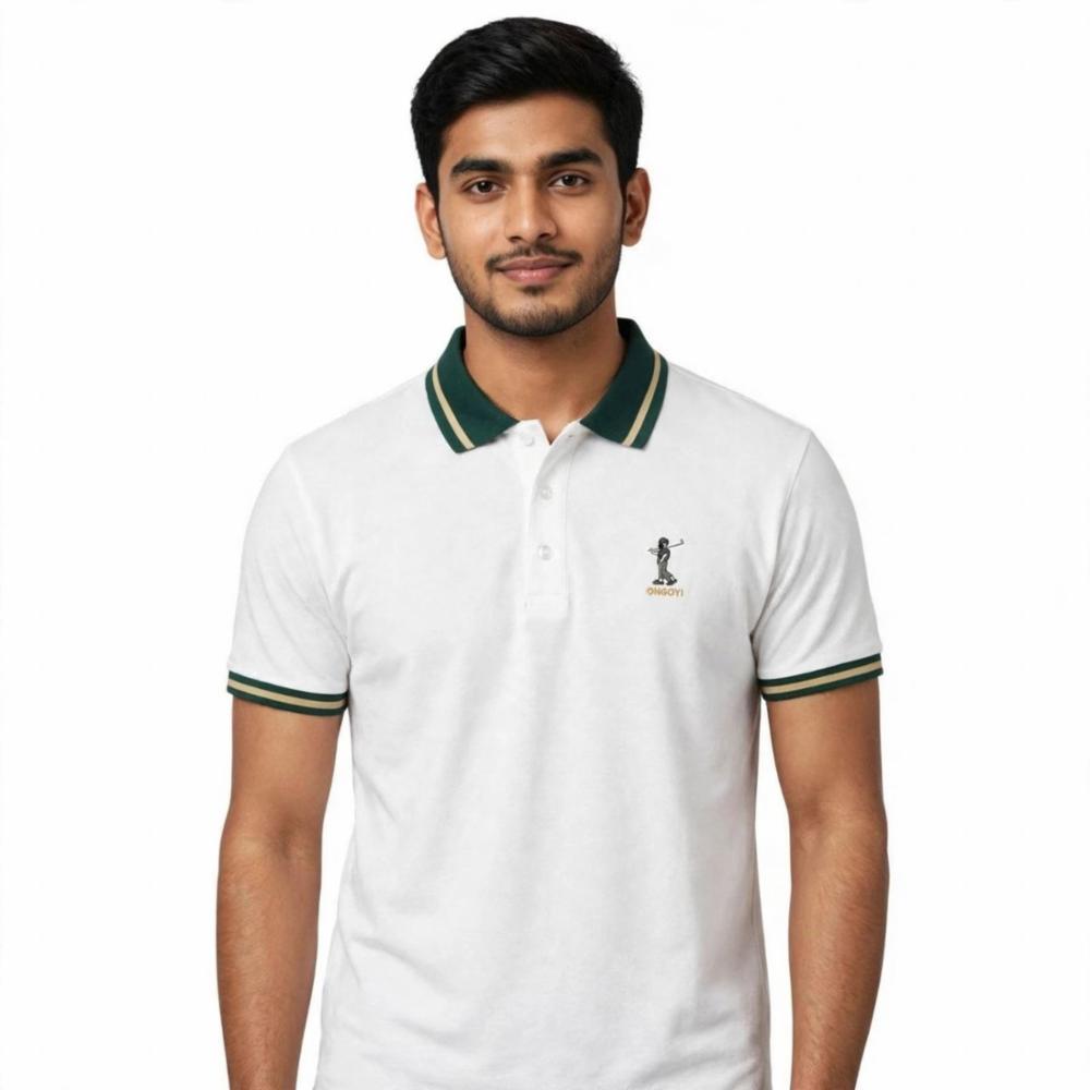 Men white Slim Fit Tipped Collar Polo T-Shirt with Chest Embroidery
