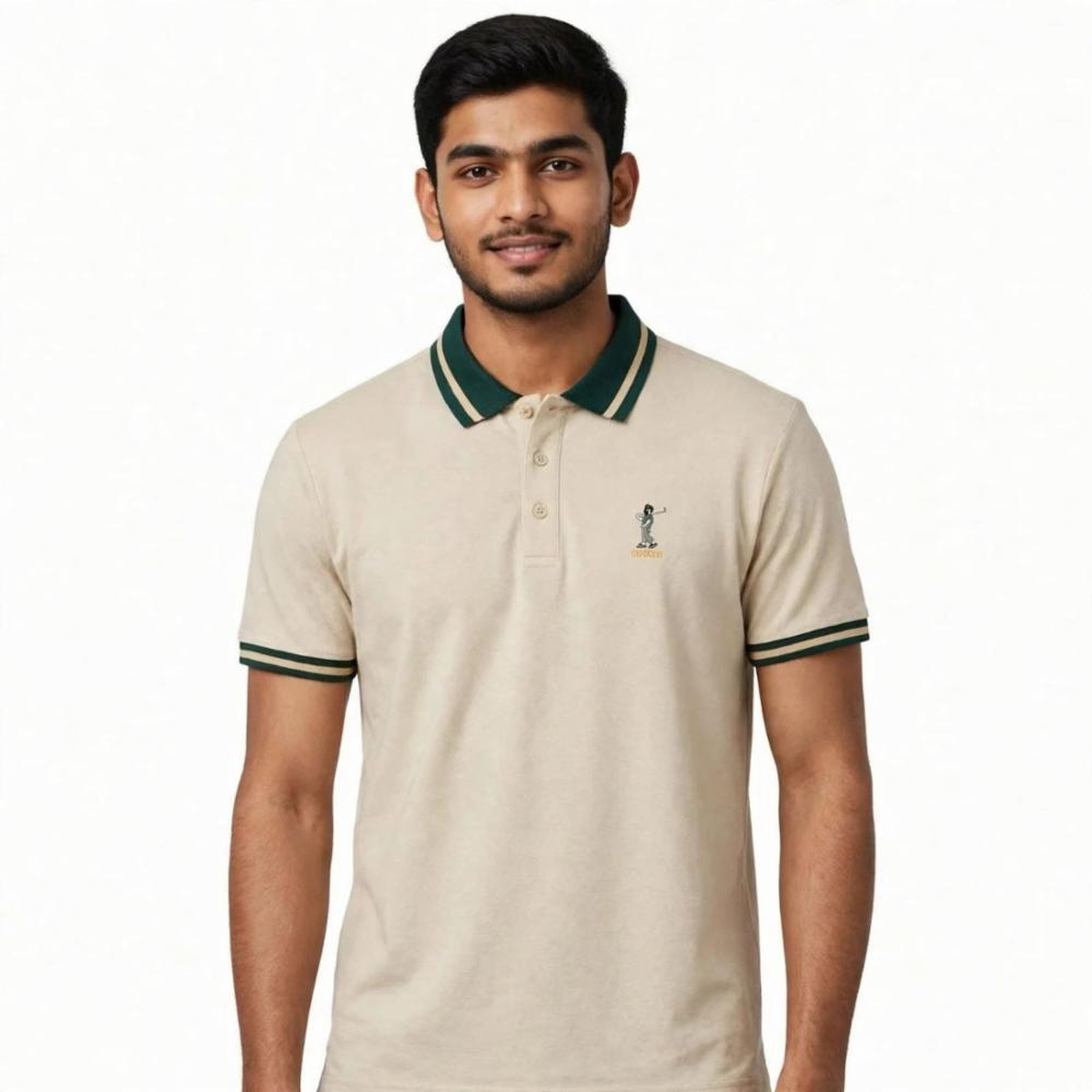 Men Cream Slim Fit Tipped Collar Polo T-Shirt with Chest Embroidery